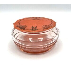 Vintage Pink Depression Glass Beehive Powder Jar Vanity Dresser Celluloid Lid